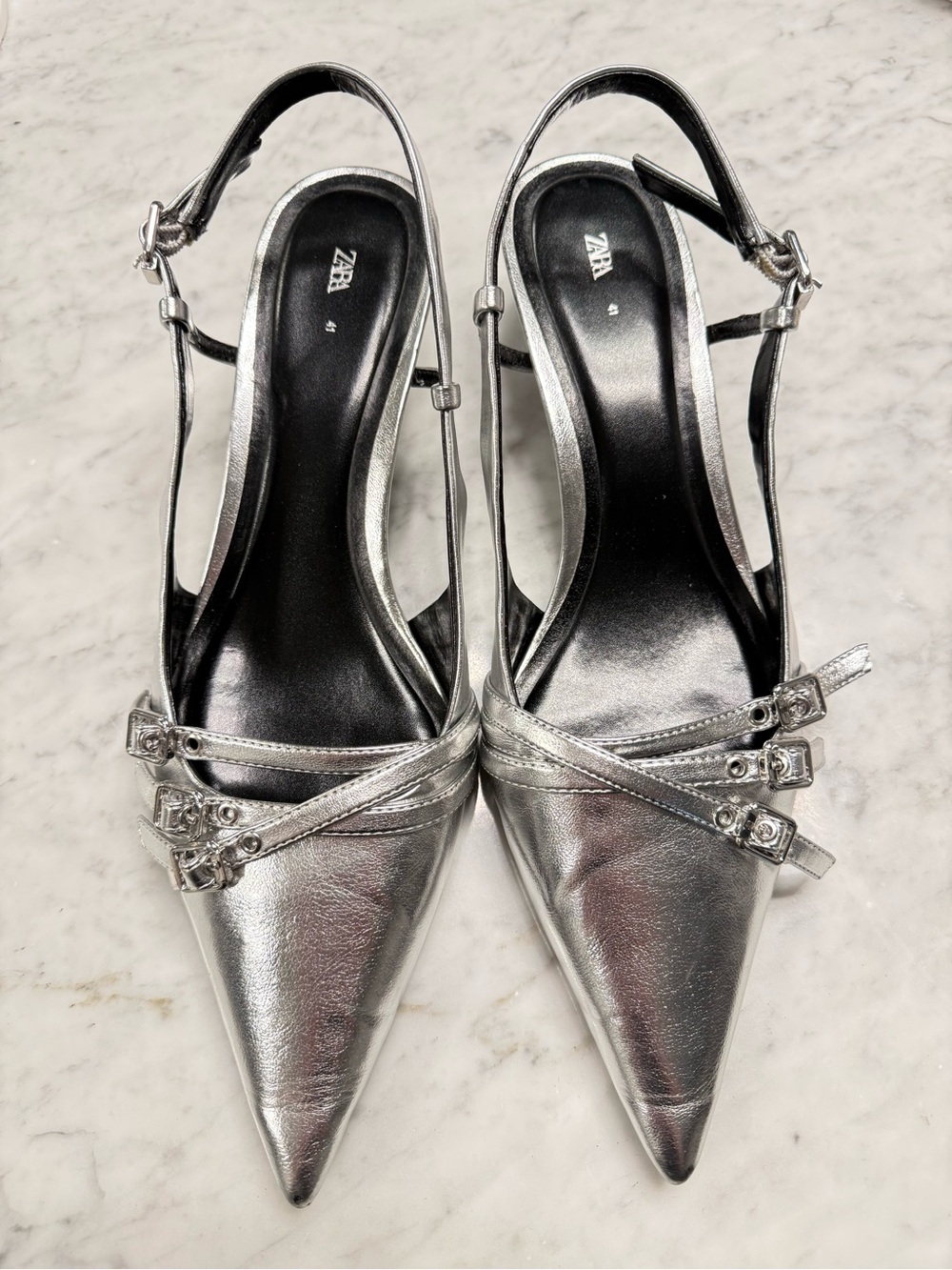 Zara Metallic Silver Pointed Slingback Kitten Heels with Buckle Straps